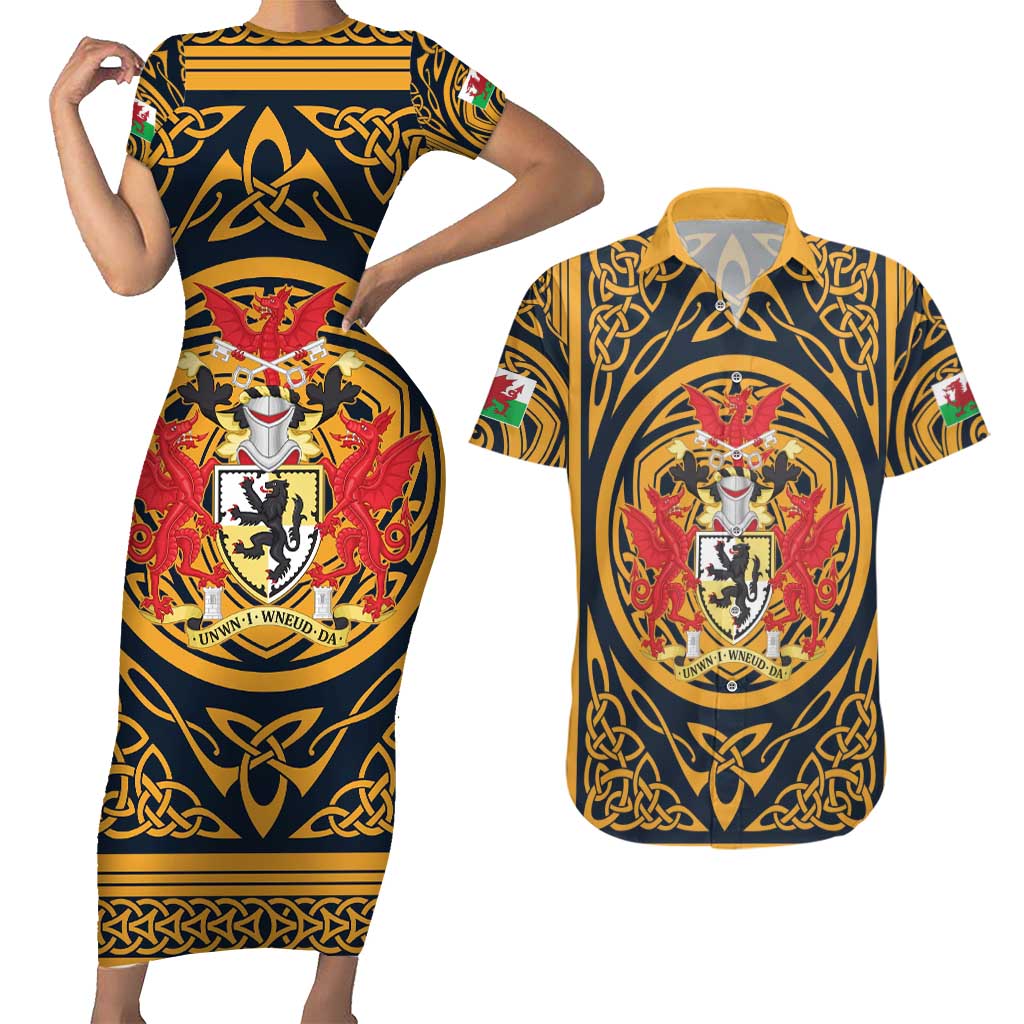 Personalized Denbighshire Wales Couples Matching Short Sleeve Bodycon Dress and Hawaiian Shirt Coat Of Arms Celtic Style - Wonder Print Shop