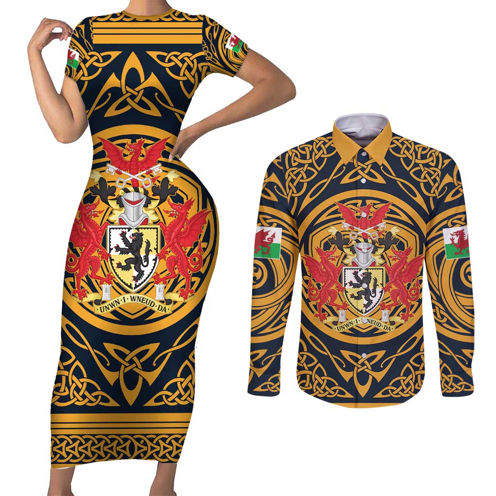 Personalized Denbighshire Wales Couples Matching Short Sleeve Bodycon Dress and Long Sleeve Button Shirt Coat Of Arms Celtic Style - Wonder Print Shop