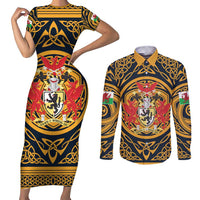 Personalized Denbighshire Wales Couples Matching Short Sleeve Bodycon Dress and Long Sleeve Button Shirt Coat Of Arms Celtic Style - Wonder Print Shop
