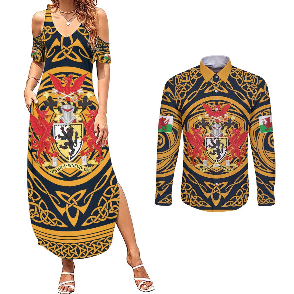 Personalized Denbighshire Wales Couples Matching Summer Maxi Dress and Long Sleeve Button Shirt Coat Of Arms Celtic Style - Wonder Print Shop