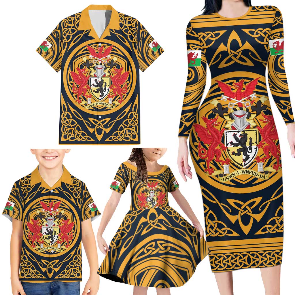 Personalized Denbighshire Wales Family Matching Long Sleeve Bodycon Dress and Hawaiian Shirt Coat Of Arms Celtic Style - Wonder Print Shop