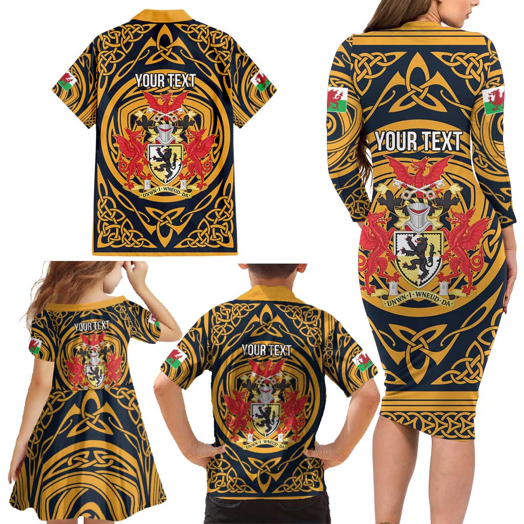 Personalized Denbighshire Wales Family Matching Long Sleeve Bodycon Dress and Hawaiian Shirt Coat Of Arms Celtic Style - Wonder Print Shop