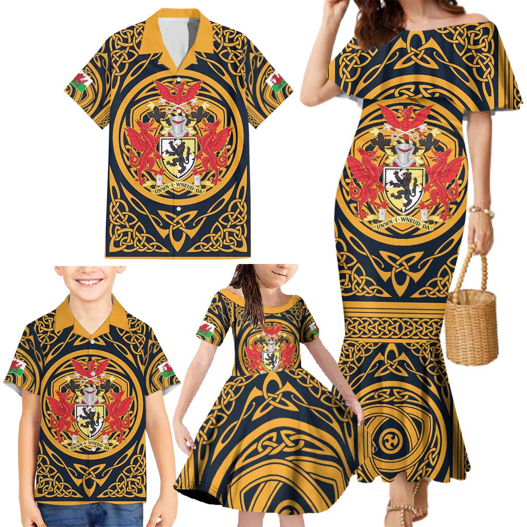 Personalized Denbighshire Wales Family Matching Mermaid Dress and Hawaiian Shirt Coat Of Arms Celtic Style - Wonder Print Shop