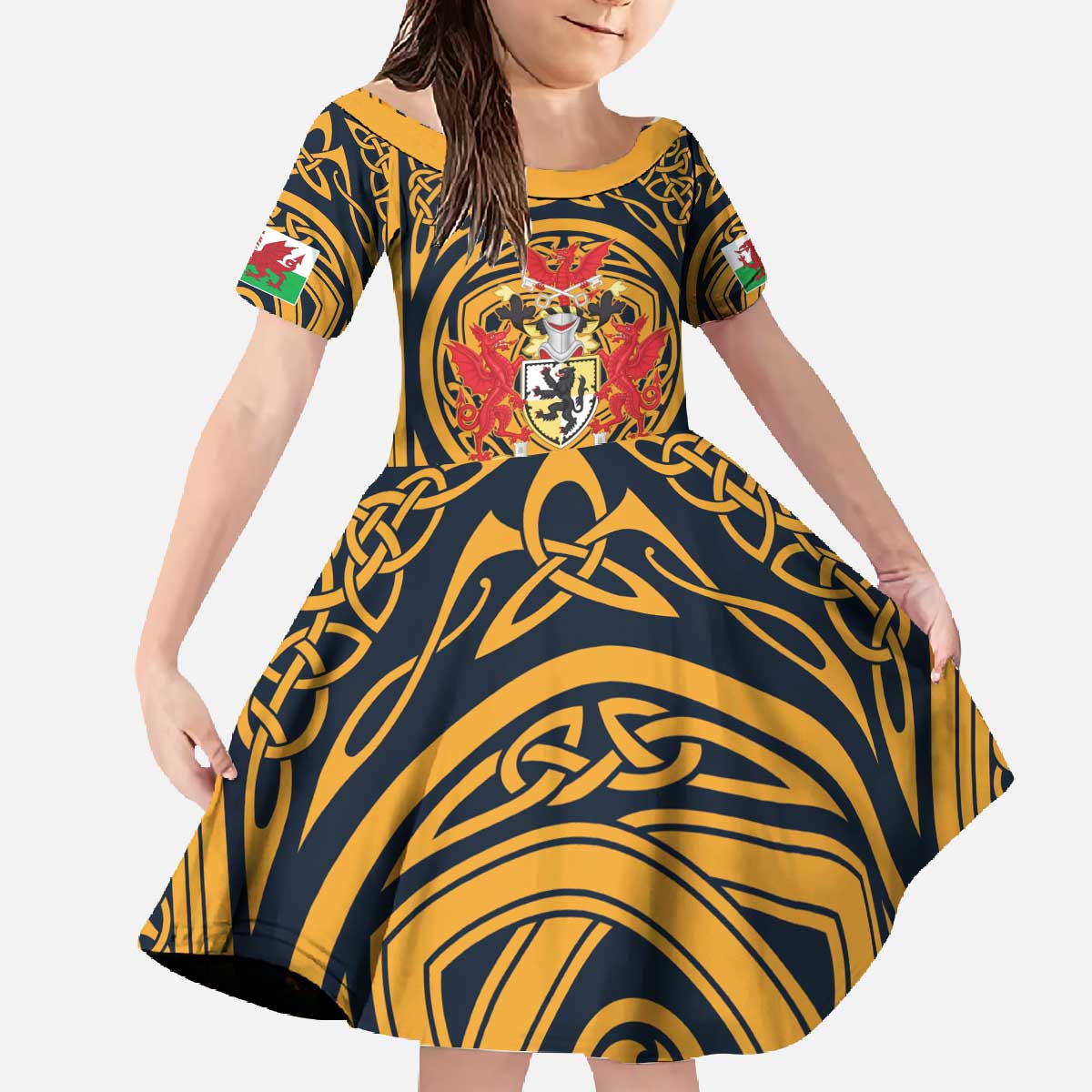 Personalized Denbighshire Wales Family Matching Off The Shoulder Long Sleeve Dress and Hawaiian Shirt Coat Of Arms Celtic Style - Wonder Print Shop