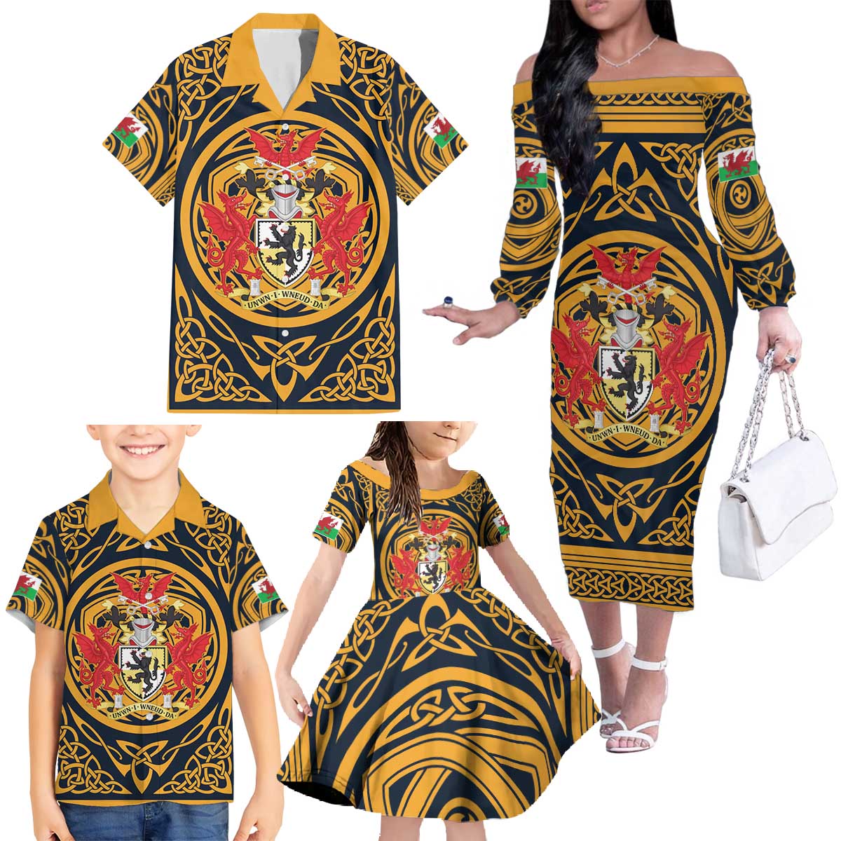 Personalized Denbighshire Wales Family Matching Off The Shoulder Long Sleeve Dress and Hawaiian Shirt Coat Of Arms Celtic Style - Wonder Print Shop