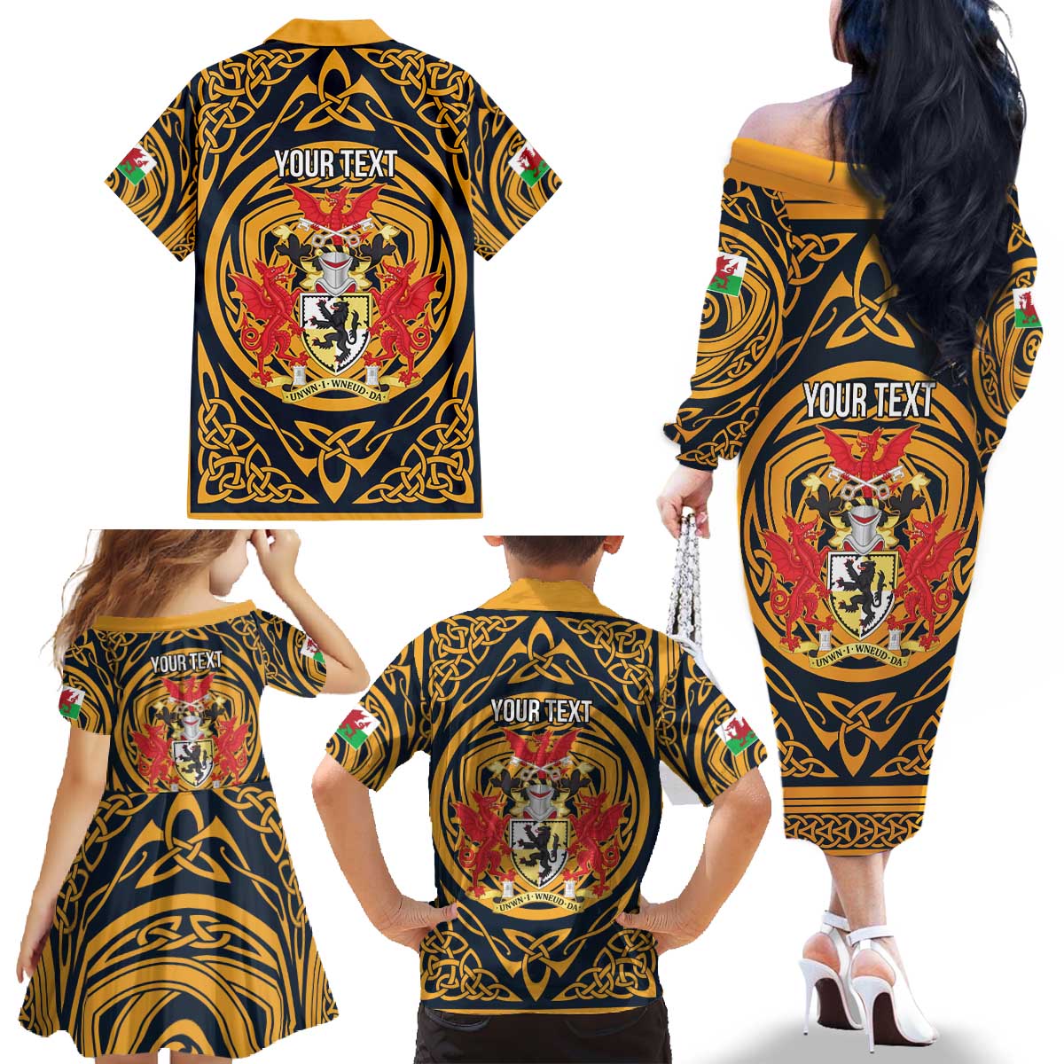 Personalized Denbighshire Wales Family Matching Off The Shoulder Long Sleeve Dress and Hawaiian Shirt Coat Of Arms Celtic Style - Wonder Print Shop