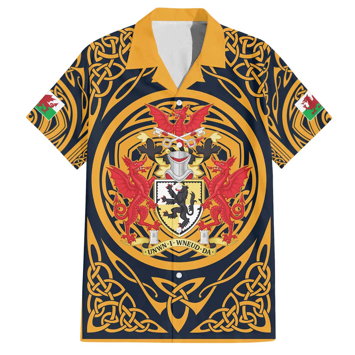 Personalized Denbighshire Wales Family Matching Off The Shoulder Long Sleeve Dress and Hawaiian Shirt Coat Of Arms Celtic Style - Wonder Print Shop