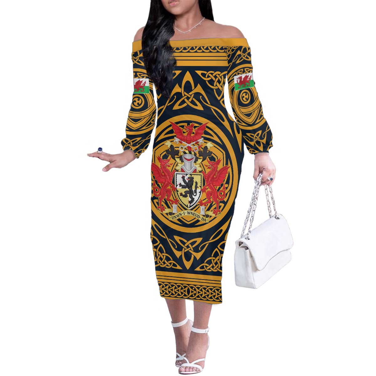 Personalized Denbighshire Wales Family Matching Off The Shoulder Long Sleeve Dress and Hawaiian Shirt Coat Of Arms Celtic Style - Wonder Print Shop
