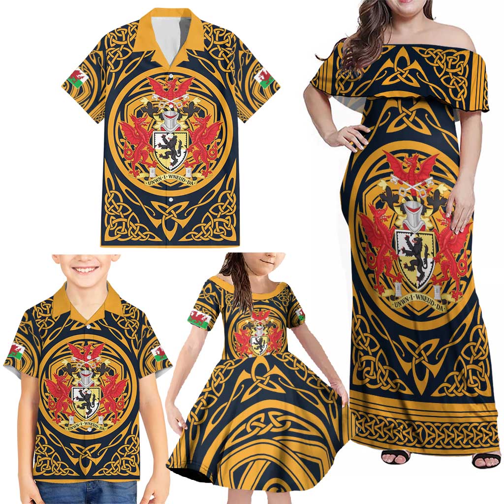 Personalized Denbighshire Wales Family Matching Off Shoulder Maxi Dress and Hawaiian Shirt Coat Of Arms Celtic Style - Wonder Print Shop