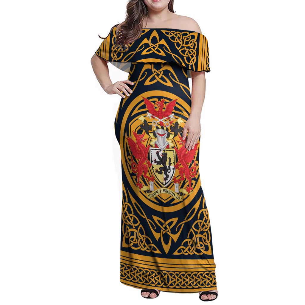 Personalized Denbighshire Wales Family Matching Off Shoulder Maxi Dress and Hawaiian Shirt Coat Of Arms Celtic Style - Wonder Print Shop
