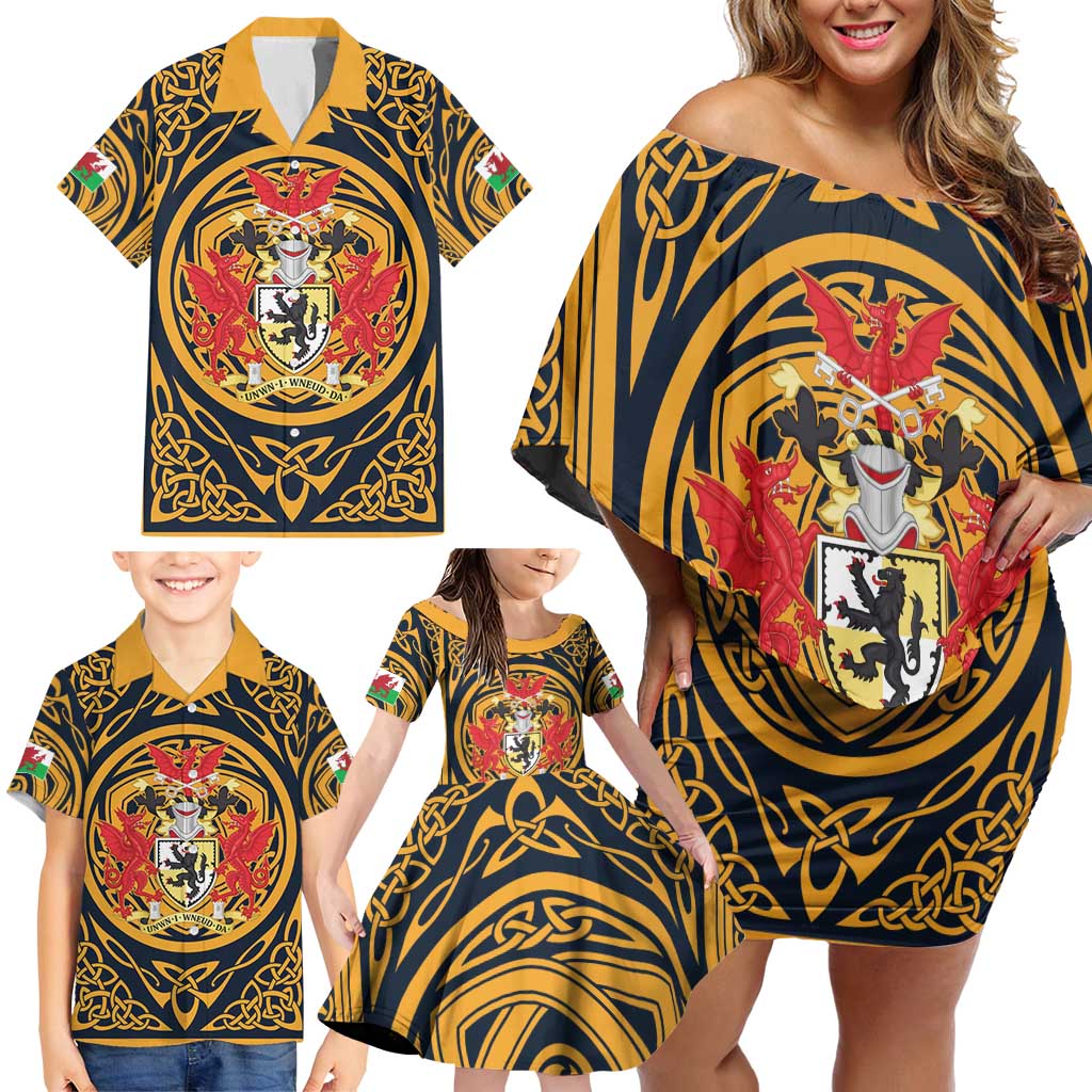 Personalized Denbighshire Wales Family Matching Off Shoulder Short Dress and Hawaiian Shirt Coat Of Arms Celtic Style - Wonder Print Shop