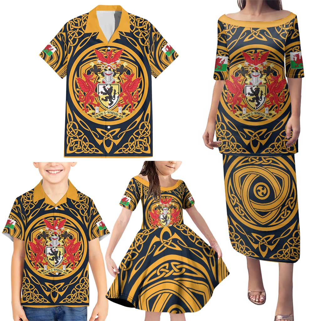 Personalized Denbighshire Wales Family Matching Puletasi and Hawaiian Shirt Coat Of Arms Celtic Style - Wonder Print Shop