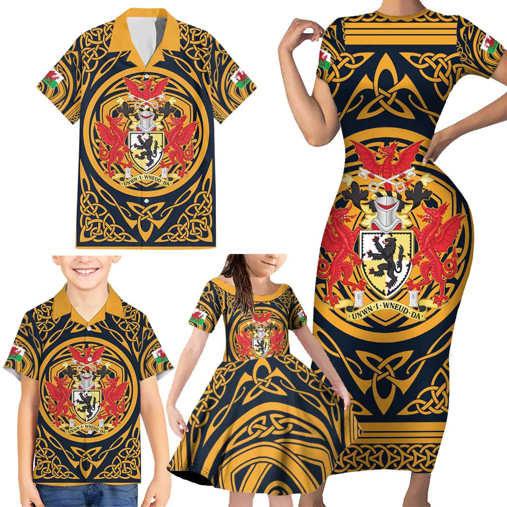Personalized Denbighshire Wales Family Matching Short Sleeve Bodycon Dress and Hawaiian Shirt Coat Of Arms Celtic Style - Wonder Print Shop