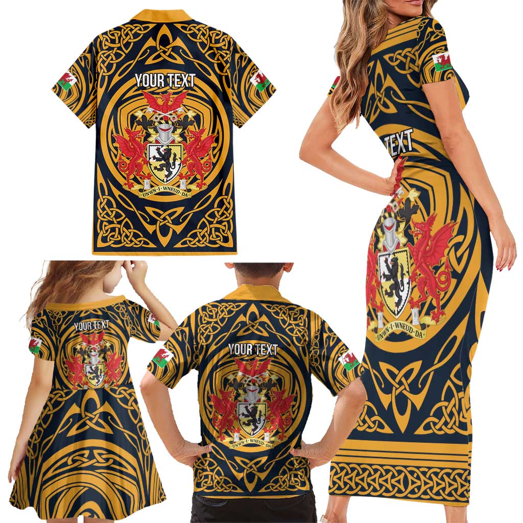 Personalized Denbighshire Wales Family Matching Short Sleeve Bodycon Dress and Hawaiian Shirt Coat Of Arms Celtic Style - Wonder Print Shop