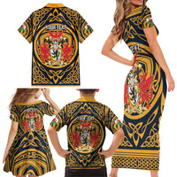 Personalized Denbighshire Wales Family Matching Short Sleeve Bodycon Dress and Hawaiian Shirt Coat Of Arms Celtic Style - Wonder Print Shop