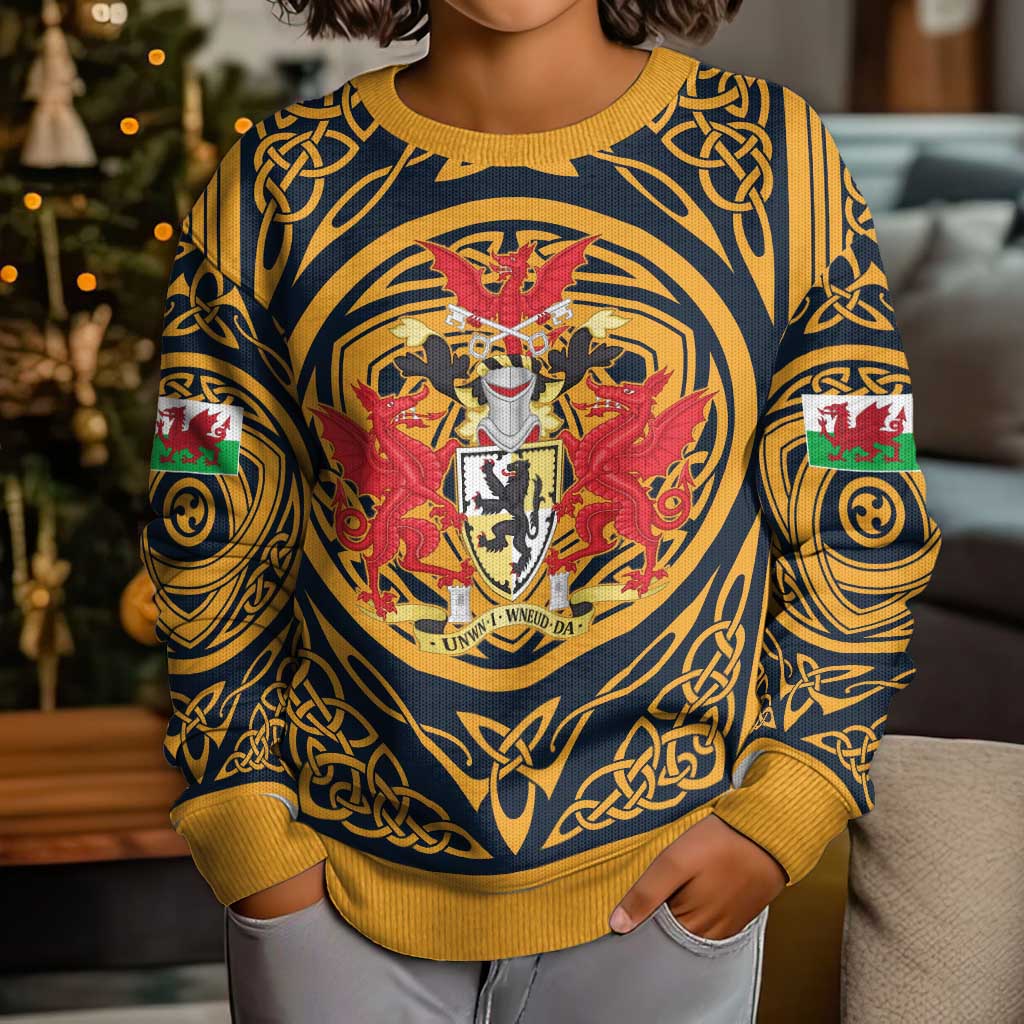 Personalized Denbighshire Wales Kid Ugly Christmas Sweater Coat Of Arms Celtic Style - Wonder Print Shop