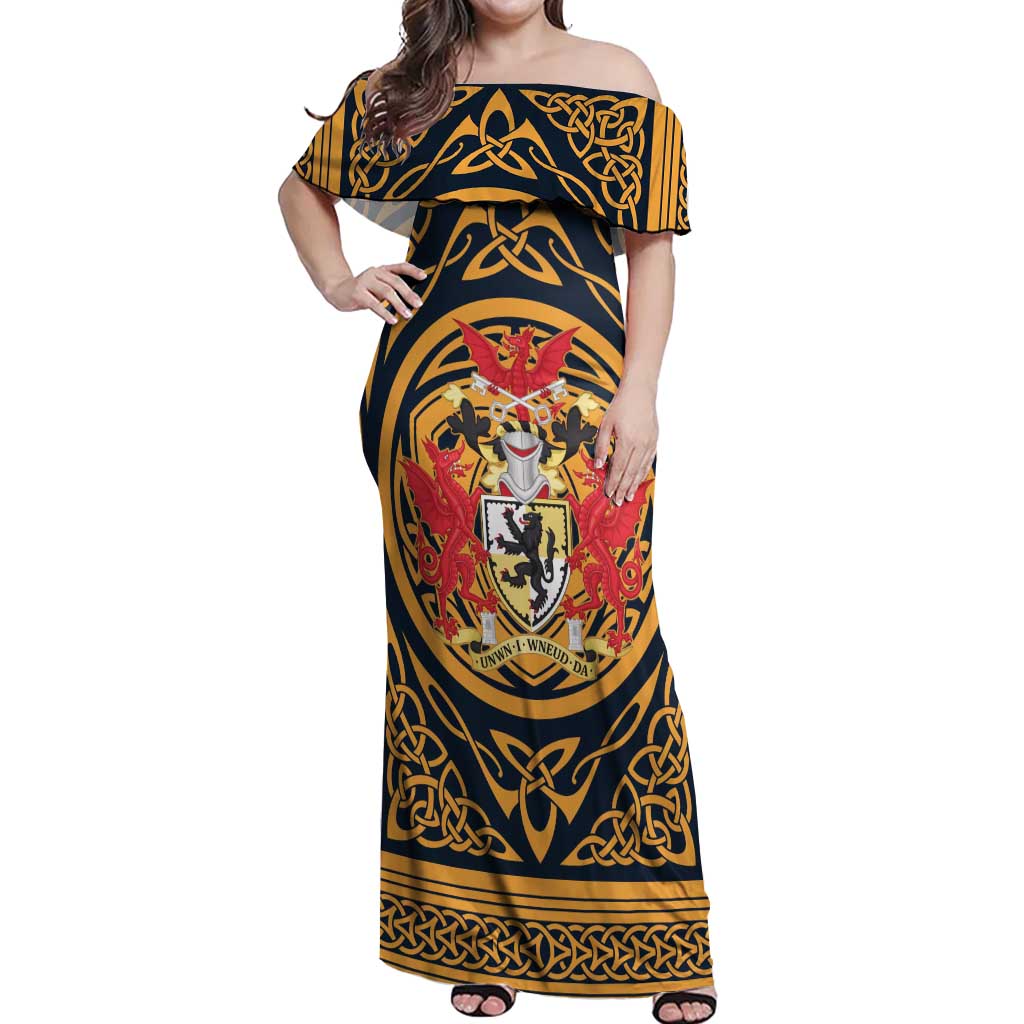 Personalized Denbighshire Wales Off Shoulder Maxi Dress Coat Of Arms Celtic Style - Wonder Print Shop