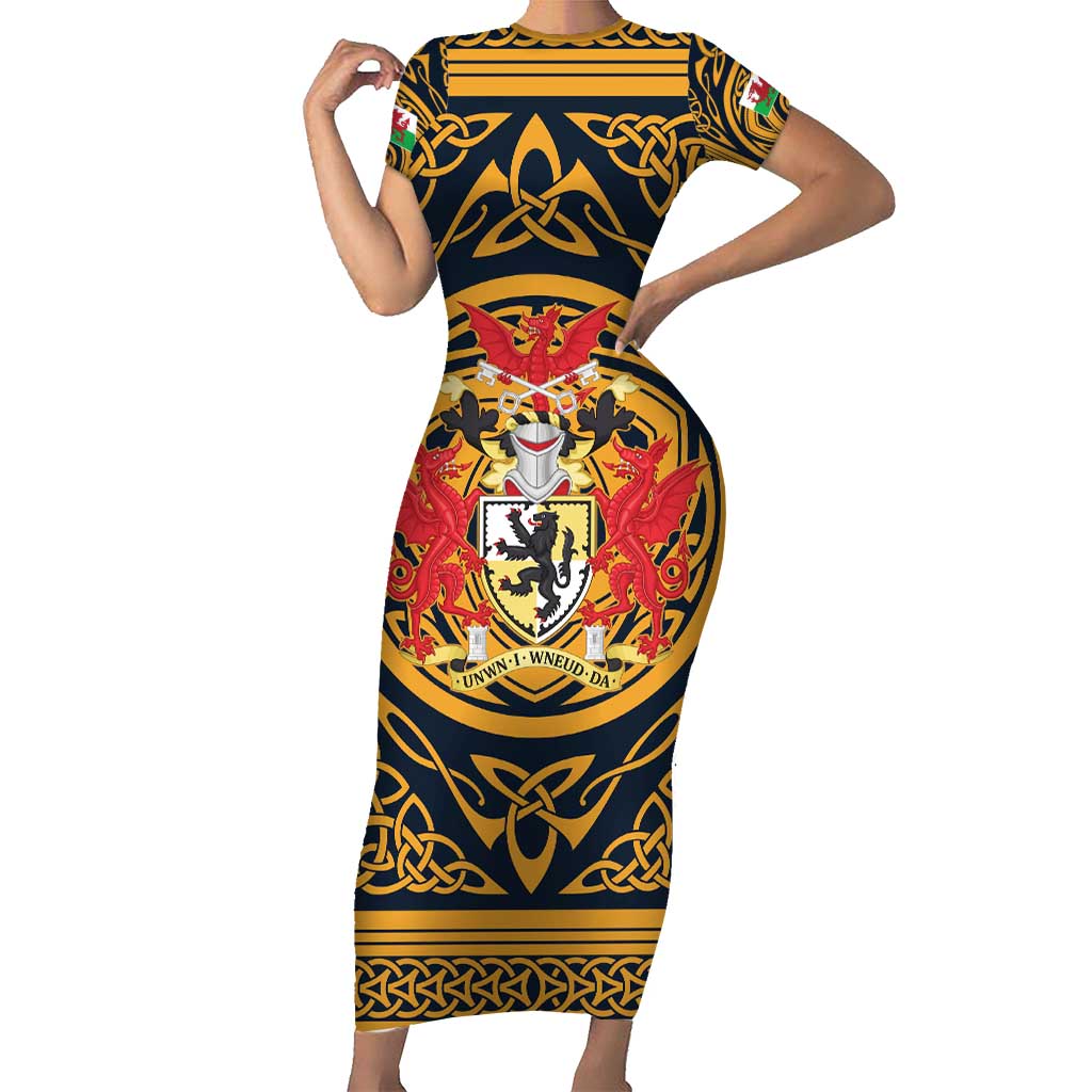 Personalized Denbighshire Wales Short Sleeve Bodycon Dress Coat Of Arms Celtic Style - Wonder Print Shop
