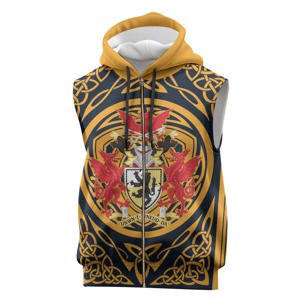 Personalized Denbighshire Wales Sleeveless Zip Hoodie Coat Of Arms Celtic Style - Wonder Print Shop