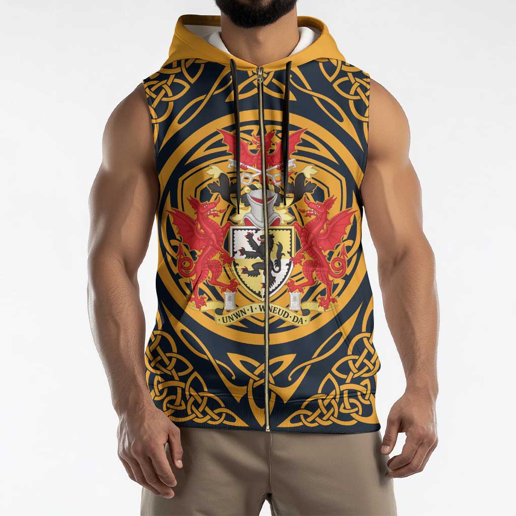 Personalized Denbighshire Wales Sleeveless Zip Hoodie Coat Of Arms Celtic Style - Wonder Print Shop