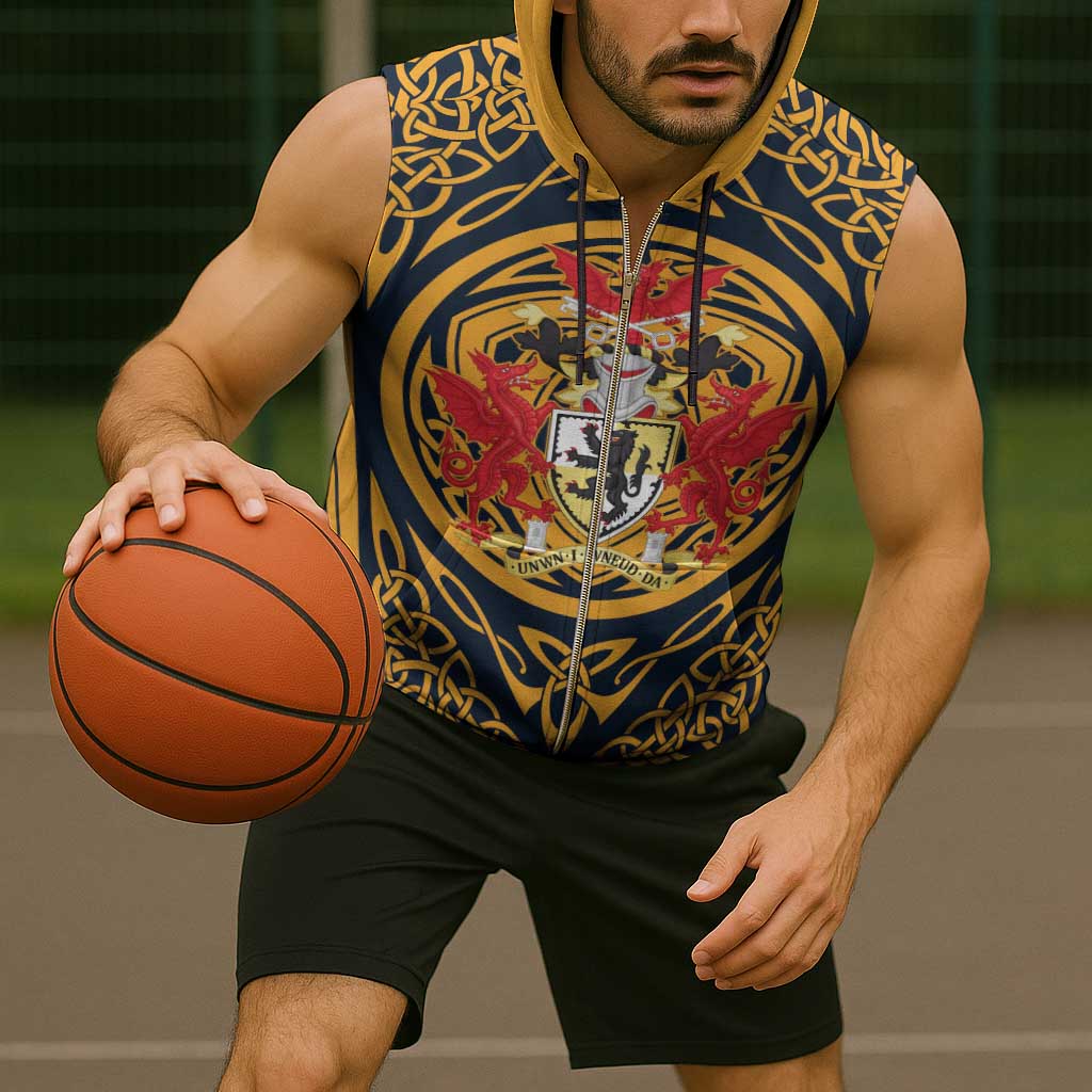 Personalized Denbighshire Wales Sleeveless Zip Hoodie Coat Of Arms Celtic Style - Wonder Print Shop