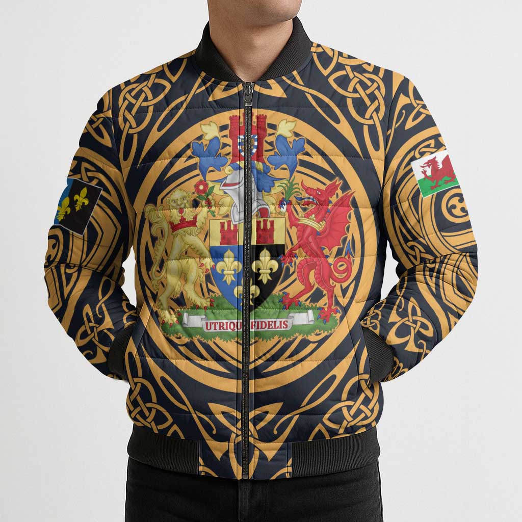 Personalized Monmouthshire Wales Bomber Puffer Jacket Coat Of Arms Celtic Style - Wonder Print Shop