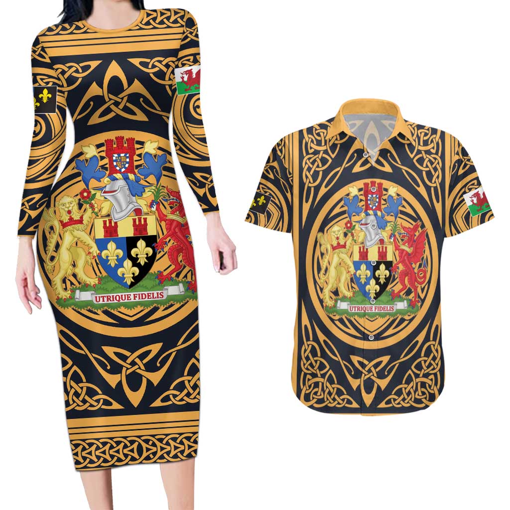 Personalized Monmouthshire Wales Couples Matching Long Sleeve Bodycon Dress and Hawaiian Shirt Coat Of Arms Celtic Style - Wonder Print Shop