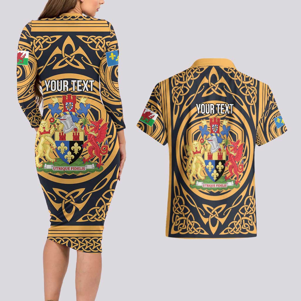 Personalized Monmouthshire Wales Couples Matching Long Sleeve Bodycon Dress and Hawaiian Shirt Coat Of Arms Celtic Style - Wonder Print Shop