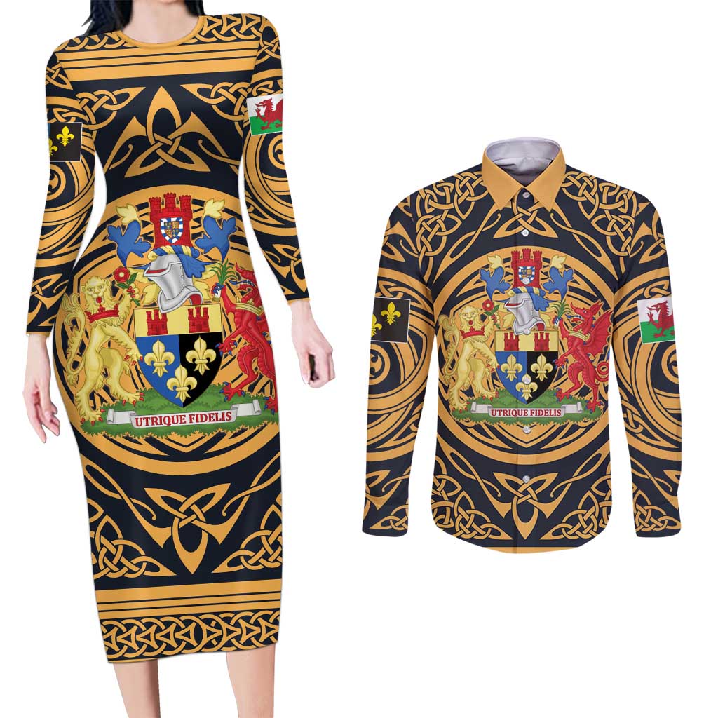 Personalized Monmouthshire Wales Couples Matching Long Sleeve Bodycon Dress and Long Sleeve Button Shirt Coat Of Arms Celtic Style - Wonder Print Shop