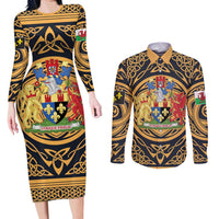 Personalized Monmouthshire Wales Couples Matching Long Sleeve Bodycon Dress and Long Sleeve Button Shirt Coat Of Arms Celtic Style - Wonder Print Shop