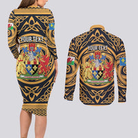 Personalized Monmouthshire Wales Couples Matching Long Sleeve Bodycon Dress and Long Sleeve Button Shirt Coat Of Arms Celtic Style - Wonder Print Shop