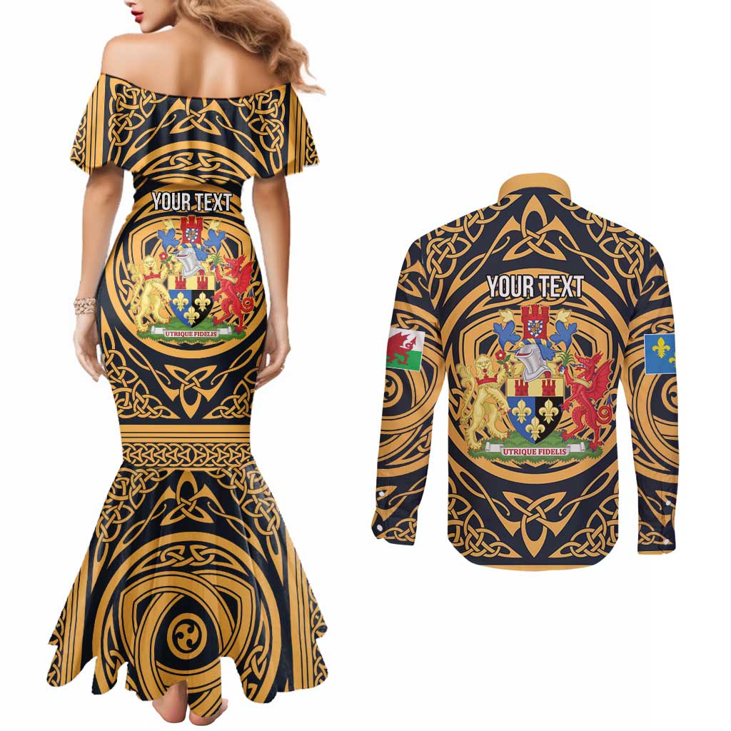 Personalized Monmouthshire Wales Couples Matching Mermaid Dress and Long Sleeve Button Shirt Coat Of Arms Celtic Style - Wonder Print Shop