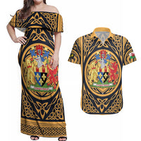 Personalized Monmouthshire Wales Couples Matching Off Shoulder Maxi Dress and Hawaiian Shirt Coat Of Arms Celtic Style - Wonder Print Shop