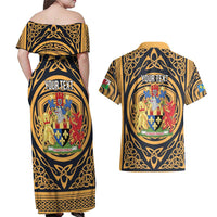 Personalized Monmouthshire Wales Couples Matching Off Shoulder Maxi Dress and Hawaiian Shirt Coat Of Arms Celtic Style - Wonder Print Shop