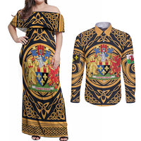 Personalized Monmouthshire Wales Couples Matching Off Shoulder Maxi Dress and Long Sleeve Button Shirt Coat Of Arms Celtic Style - Wonder Print Shop