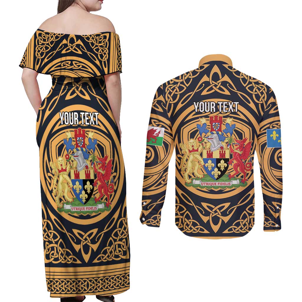 Personalized Monmouthshire Wales Couples Matching Off Shoulder Maxi Dress and Long Sleeve Button Shirt Coat Of Arms Celtic Style - Wonder Print Shop