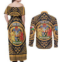 Personalized Monmouthshire Wales Couples Matching Off Shoulder Maxi Dress and Long Sleeve Button Shirt Coat Of Arms Celtic Style - Wonder Print Shop
