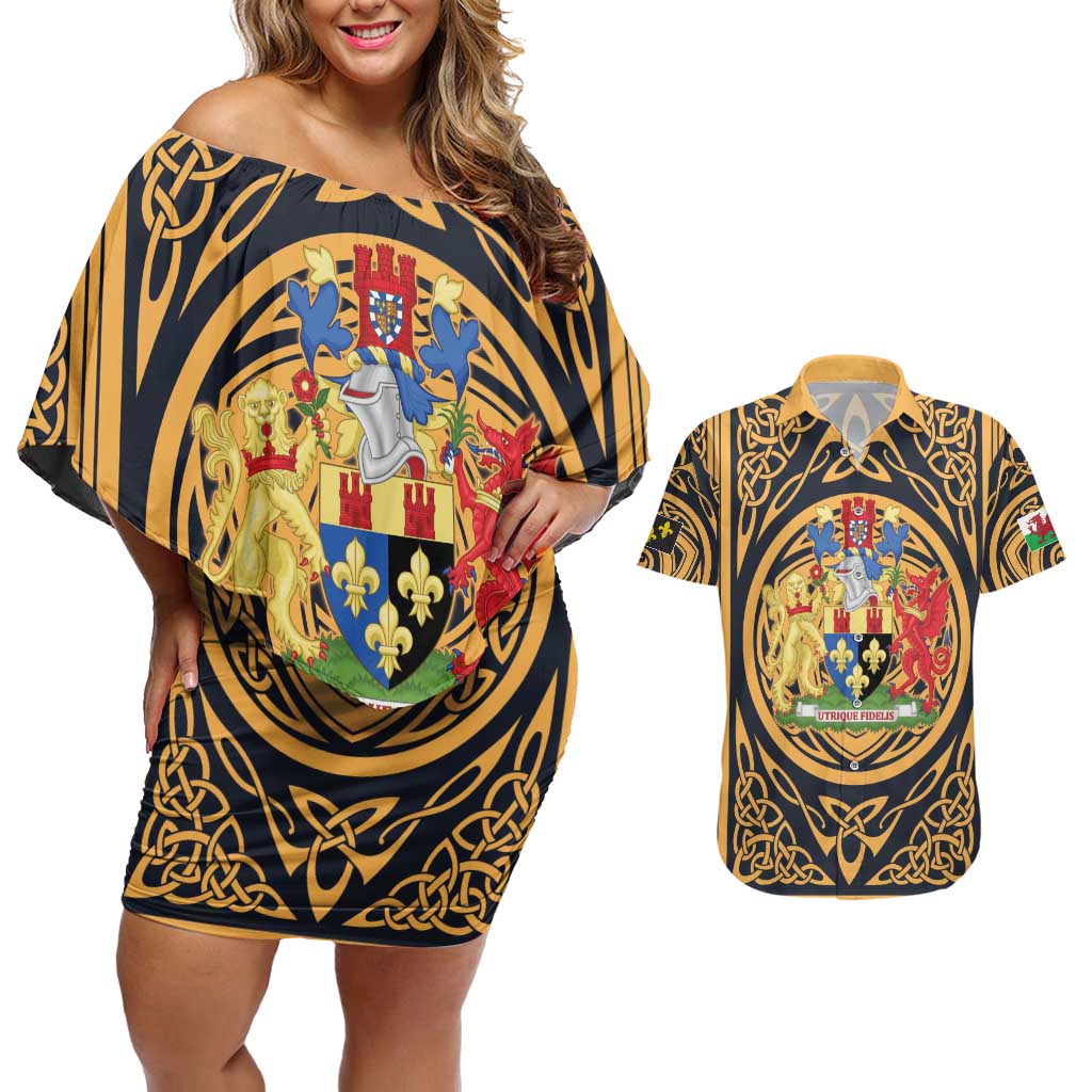 Personalized Monmouthshire Wales Couples Matching Off Shoulder Short Dress and Hawaiian Shirt Coat Of Arms Celtic Style - Wonder Print Shop