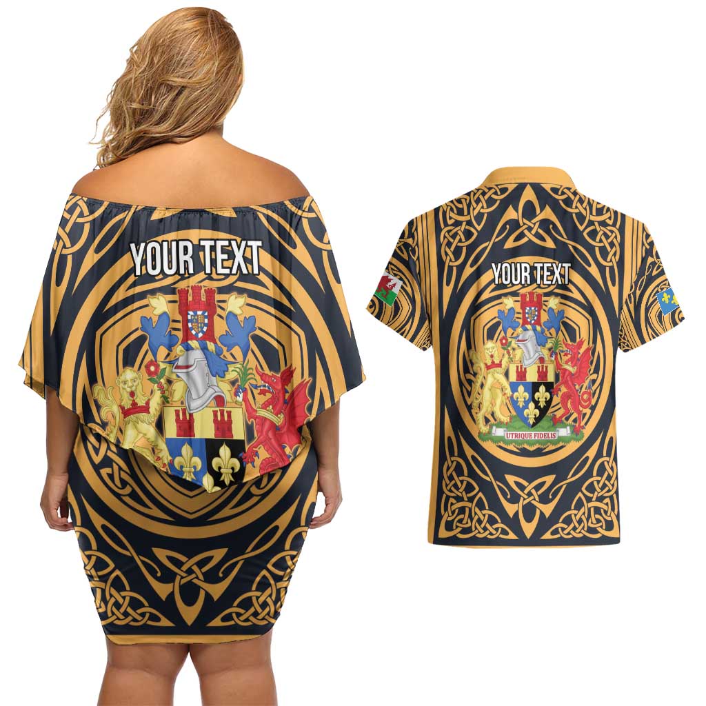 Personalized Monmouthshire Wales Couples Matching Off Shoulder Short Dress and Hawaiian Shirt Coat Of Arms Celtic Style - Wonder Print Shop
