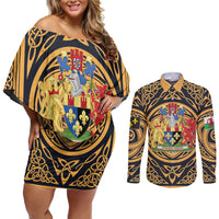 Personalized Monmouthshire Wales Couples Matching Off Shoulder Short Dress and Long Sleeve Button Shirt Coat Of Arms Celtic Style - Wonder Print Shop