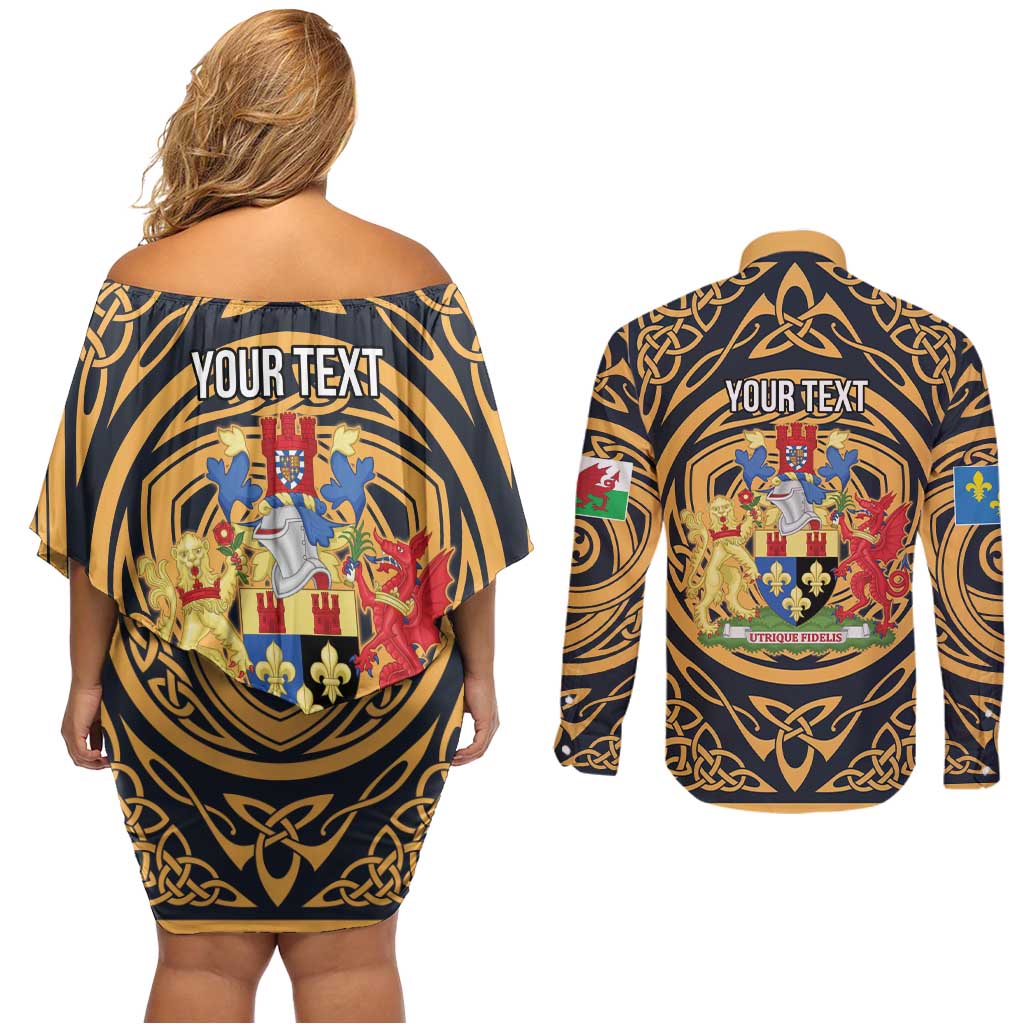 Personalized Monmouthshire Wales Couples Matching Off Shoulder Short Dress and Long Sleeve Button Shirt Coat Of Arms Celtic Style - Wonder Print Shop