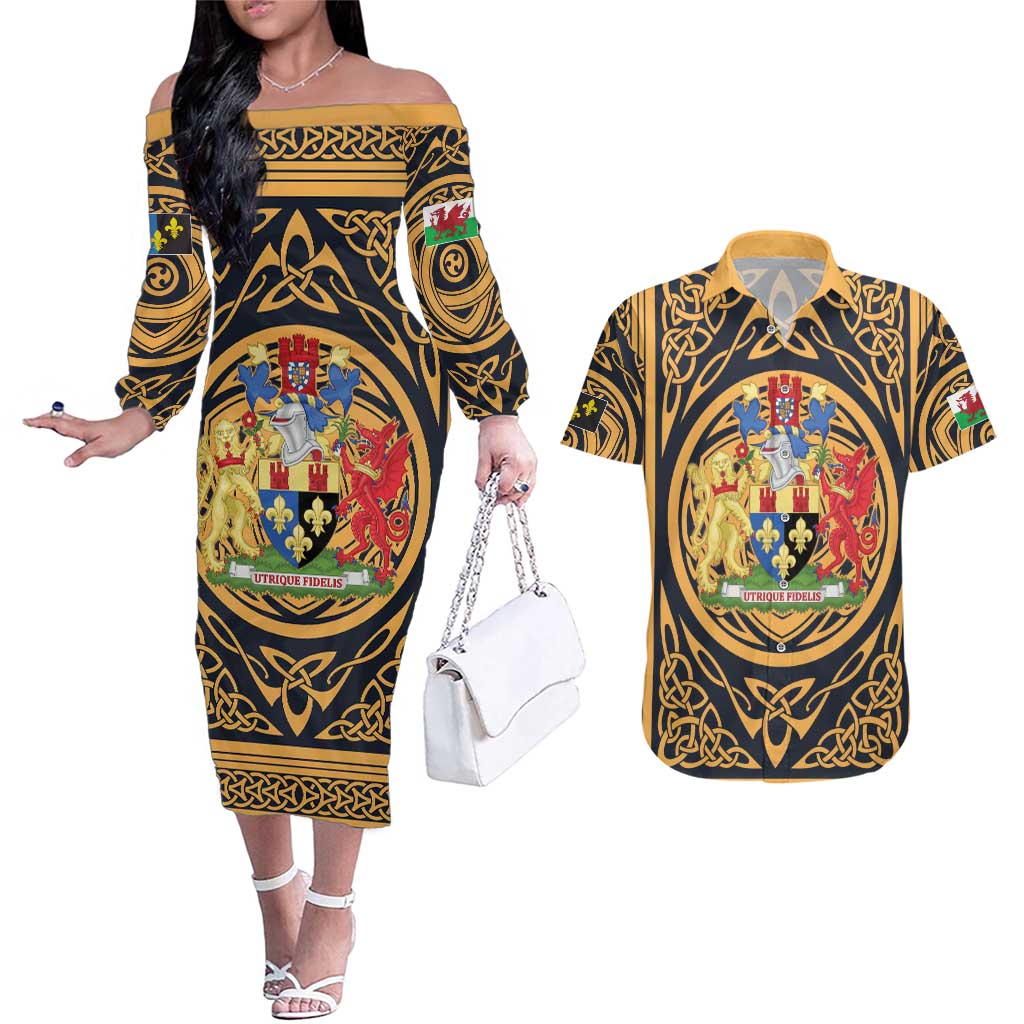Personalized Monmouthshire Wales Couples Matching Off The Shoulder Long Sleeve Dress and Hawaiian Shirt Coat Of Arms Celtic Style - Wonder Print Shop