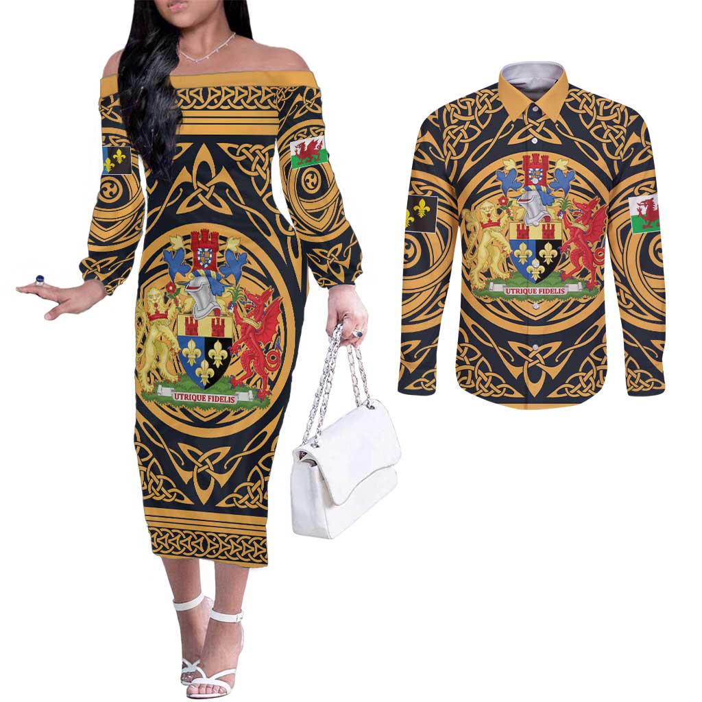 Personalized Monmouthshire Wales Couples Matching Off The Shoulder Long Sleeve Dress and Long Sleeve Button Shirt Coat Of Arms Celtic Style - Wonder Print Shop
