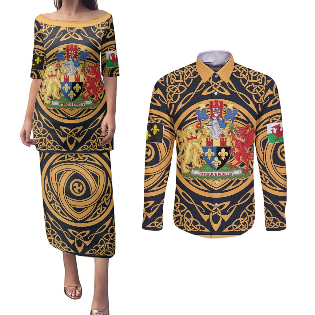 Personalized Monmouthshire Wales Couples Matching Puletasi and Long Sleeve Button Shirt Coat Of Arms Celtic Style - Wonder Print Shop