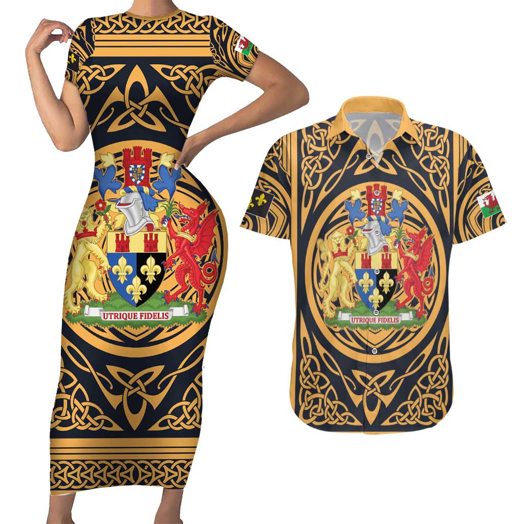 Personalized Monmouthshire Wales Couples Matching Short Sleeve Bodycon Dress and Hawaiian Shirt Coat Of Arms Celtic Style - Wonder Print Shop