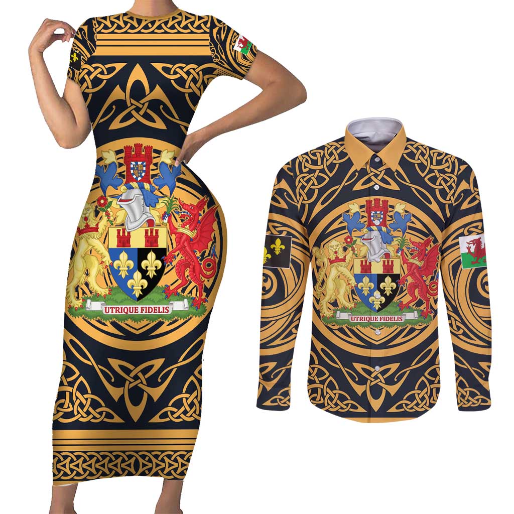 Personalized Monmouthshire Wales Couples Matching Short Sleeve Bodycon Dress and Long Sleeve Button Shirt Coat Of Arms Celtic Style - Wonder Print Shop