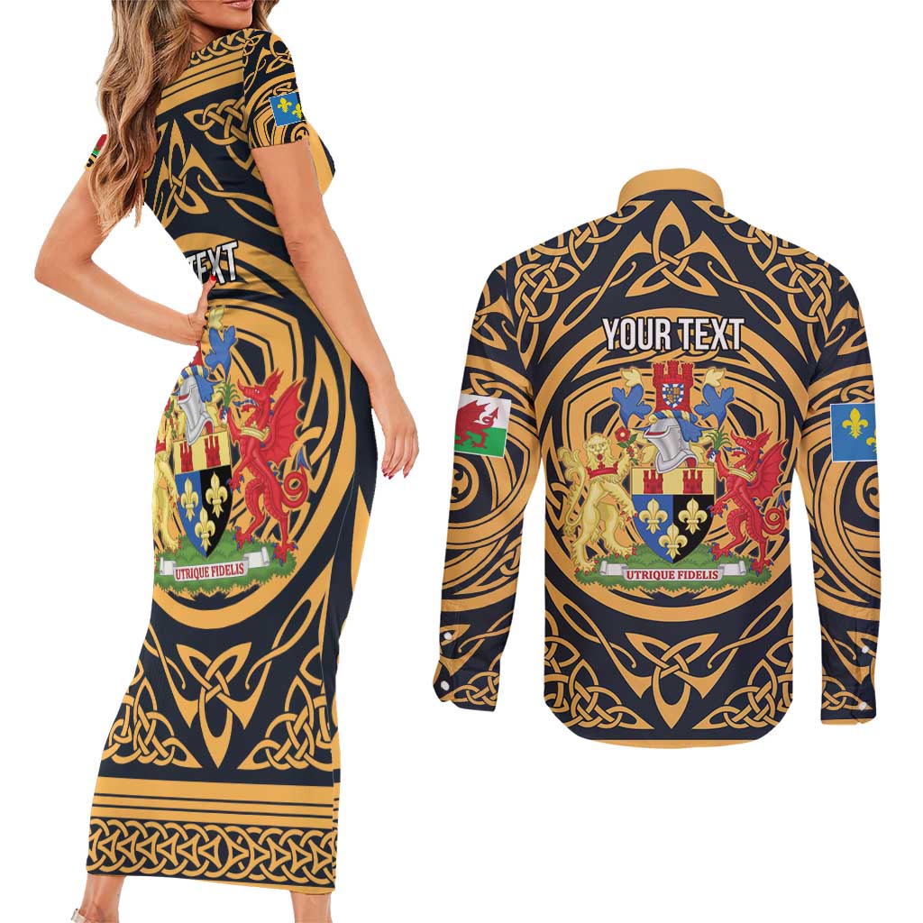 Personalized Monmouthshire Wales Couples Matching Short Sleeve Bodycon Dress and Long Sleeve Button Shirt Coat Of Arms Celtic Style - Wonder Print Shop