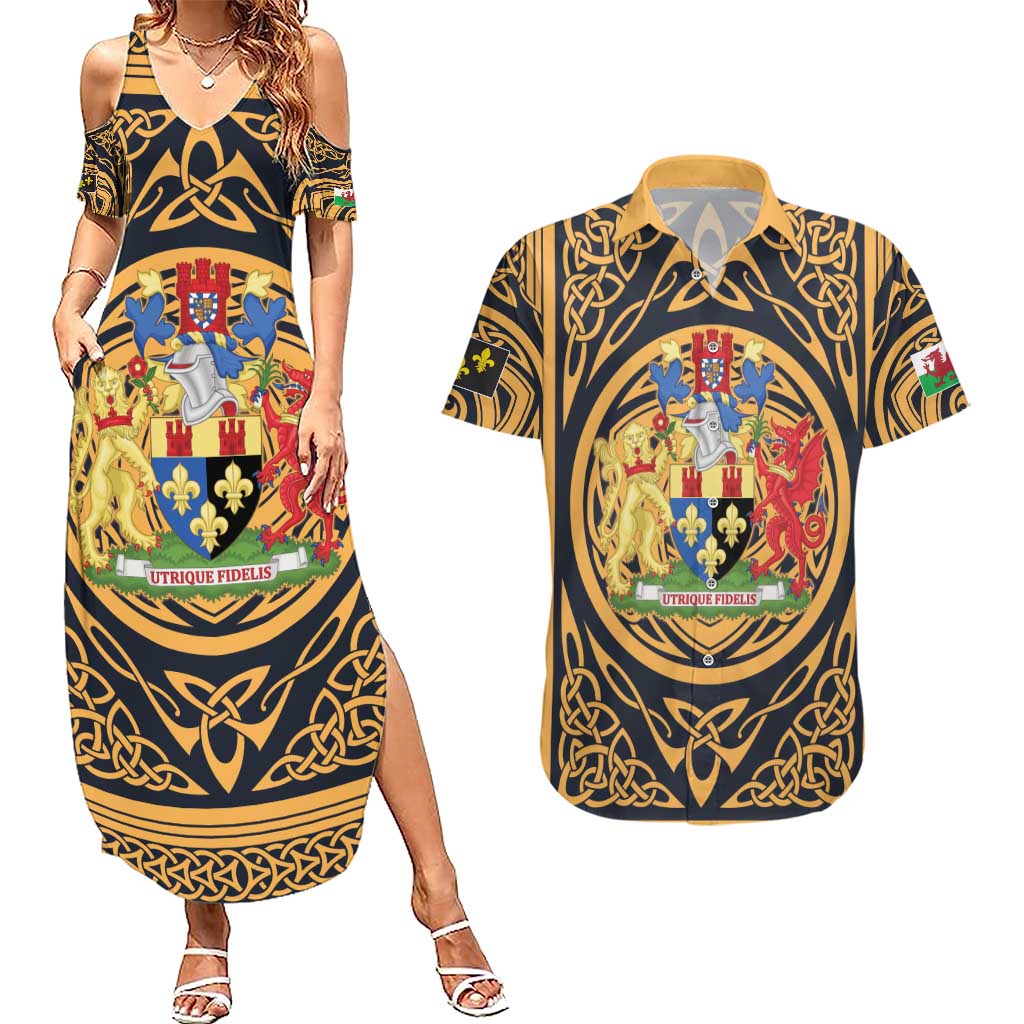 Personalized Monmouthshire Wales Couples Matching Summer Maxi Dress and Hawaiian Shirt Coat Of Arms Celtic Style - Wonder Print Shop