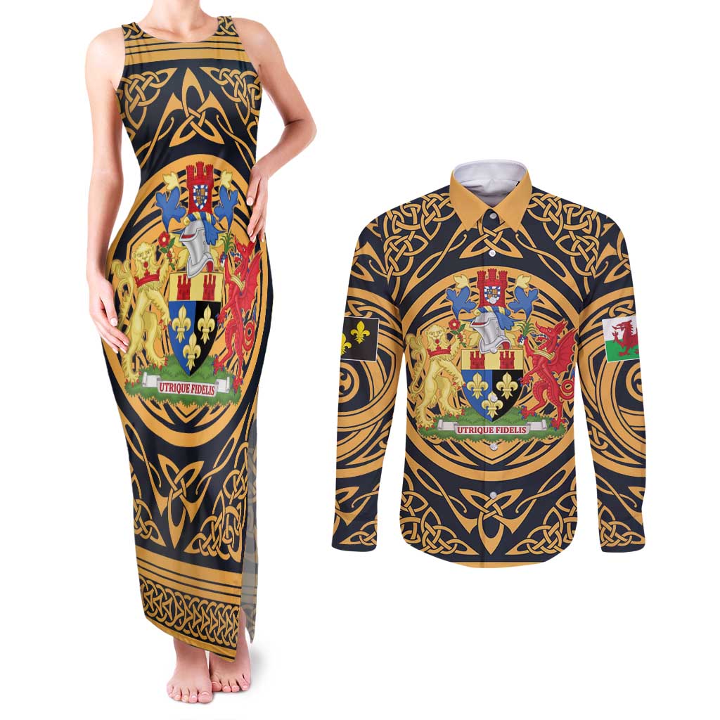 Personalized Monmouthshire Wales Couples Matching Tank Maxi Dress and Long Sleeve Button Shirt Coat Of Arms Celtic Style - Wonder Print Shop