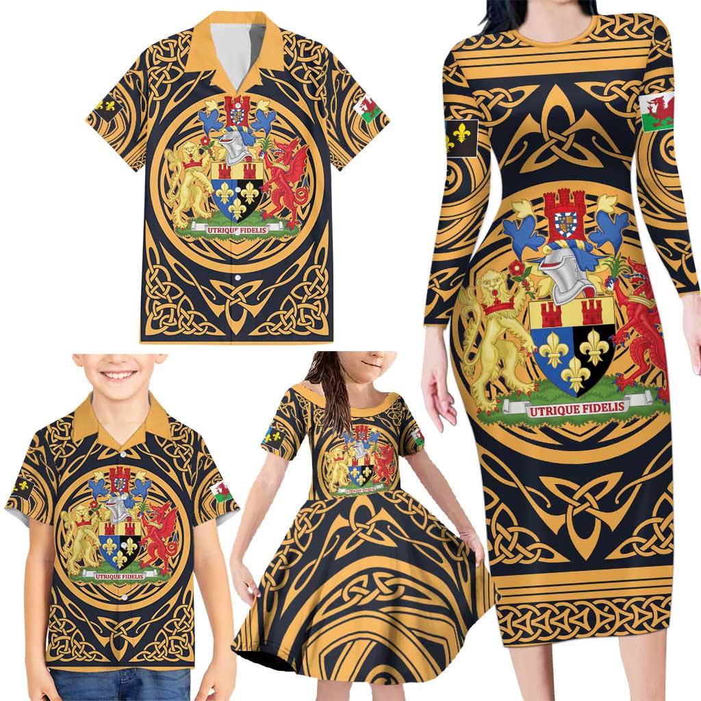 Personalized Monmouthshire Wales Family Matching Long Sleeve Bodycon Dress and Hawaiian Shirt Coat Of Arms Celtic Style - Wonder Print Shop